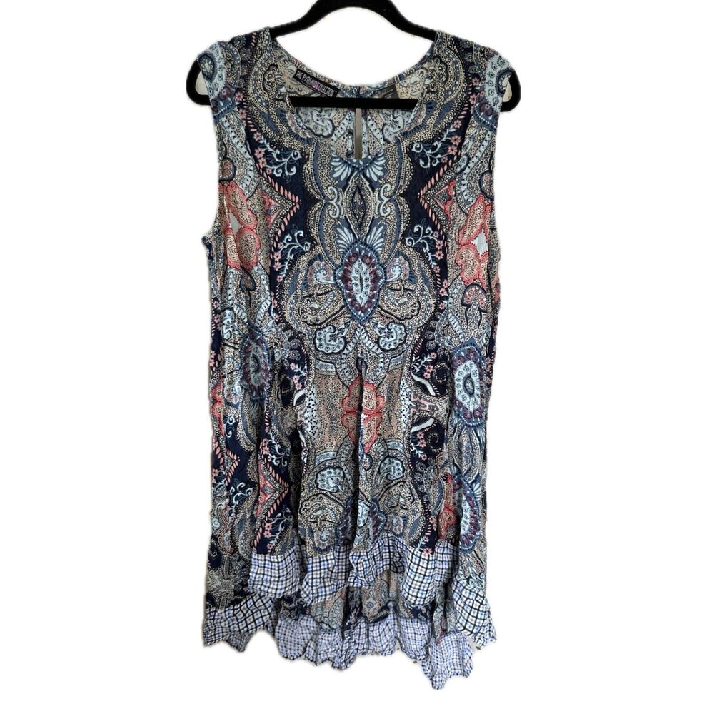 The Pyramid Collection Blue Paisley Lana Crepe Fit Flare Hi Lo Hem Boho Dress 2X